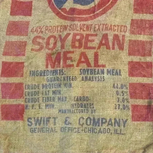 ANTIQUE SWIFT'S SOYBEAN MEAL CHICAGO IL 100 LBS LARGE BURLAP FEED SACK FARMHOUSE - Picture 2 of 9